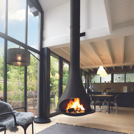 ZZ Sculpt Bordelet Tatiana 997 Rotating Suspended Wood Fire inc. Flue for 2.4m Ceiling